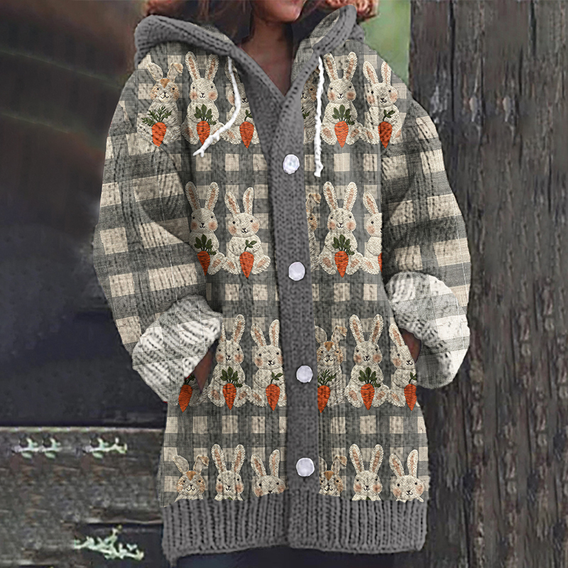 Vintage Flower Bunny Pattern Cozy Hooded Cardigan