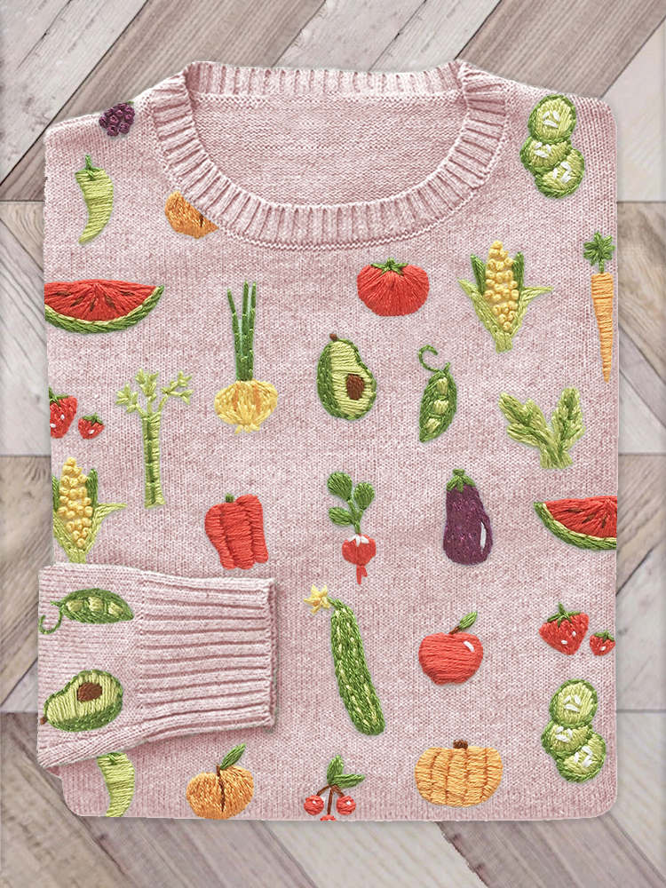 Vegetables & Fruits Embroidery Art Cozy Knit Sweater