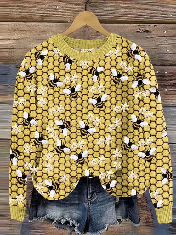 Women's Bees And Floral Round Neck Casual Sweatshirt