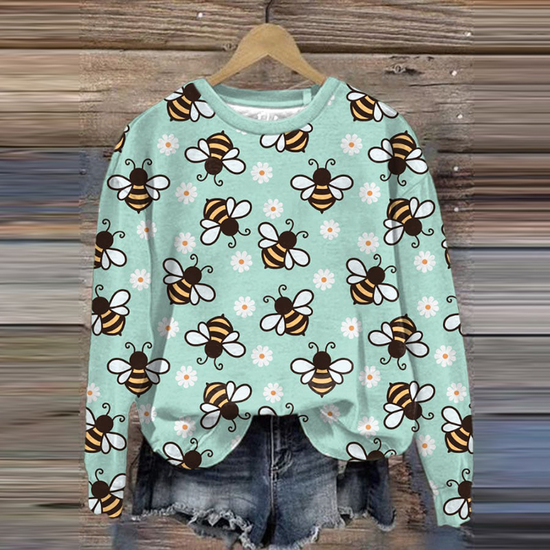 Women's Bee Print Round Neck Long Sleeve Sweatshirt