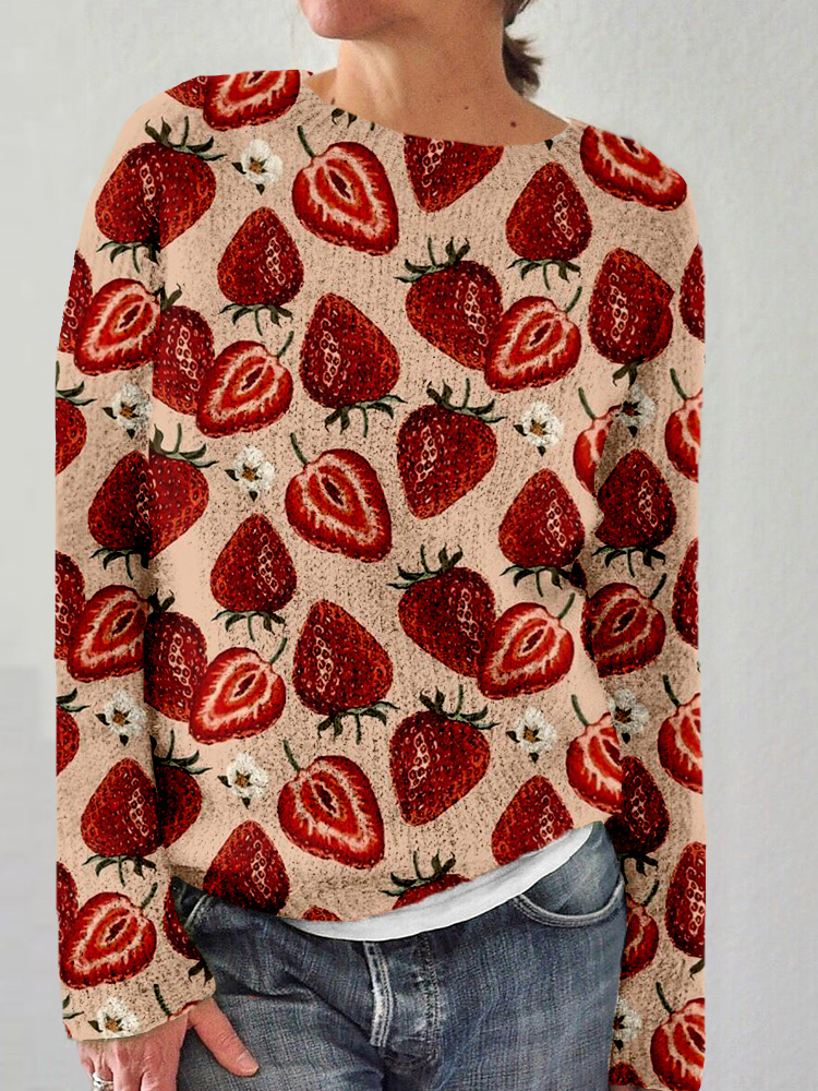 Red Strawberries Graphic Crew Neck Cozy Knit Sweater
