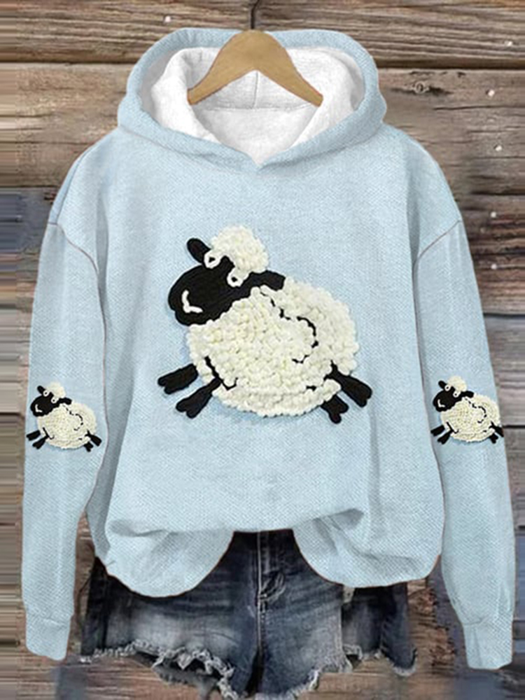 Cute Sheep Print Casual Long Sleeve Hoodie