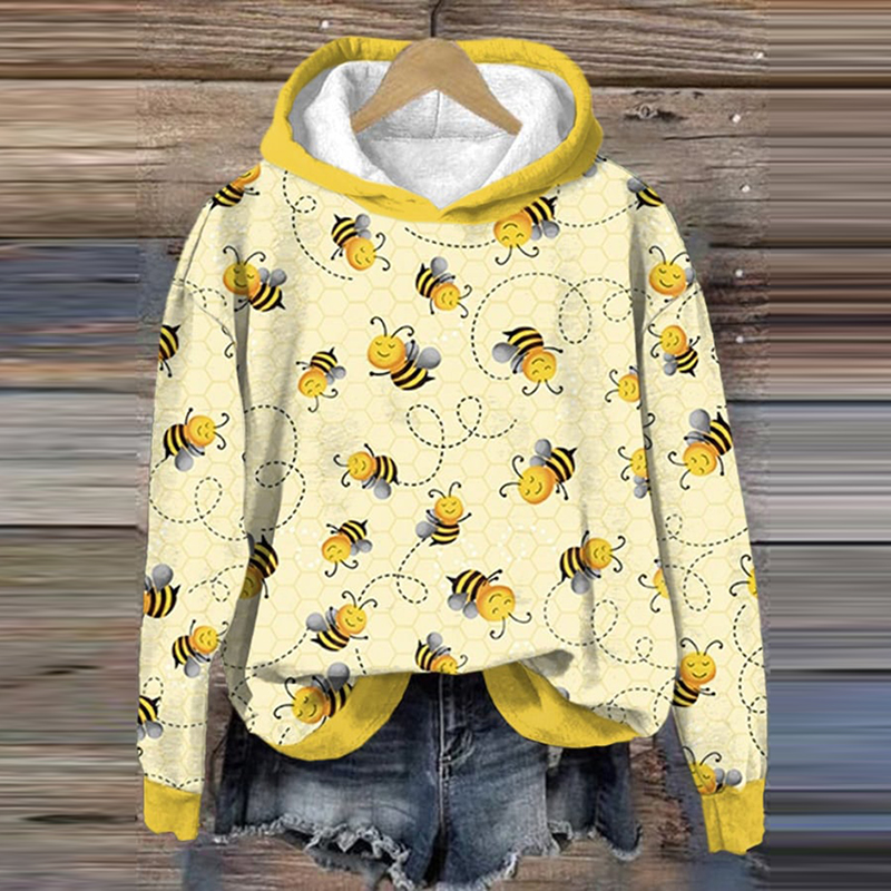 Bee Print Long Sleeve Casual Hoodie