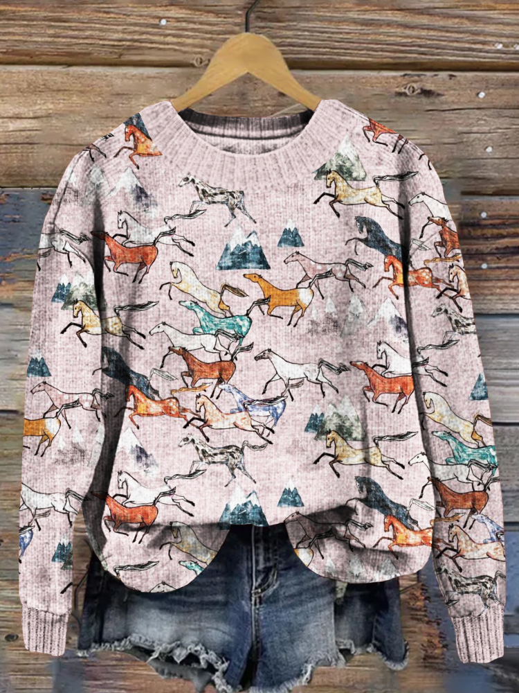 Running Horses Pattern Vintage Cozy Knit Sweater