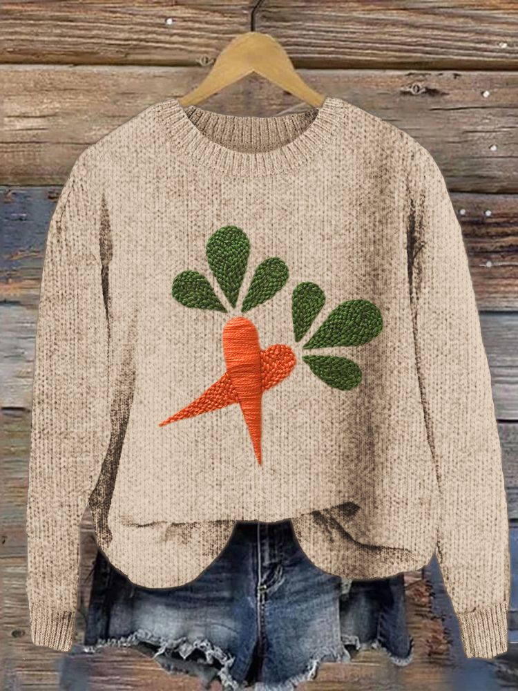 Carrot Embroidery Cozy Knit Sweater