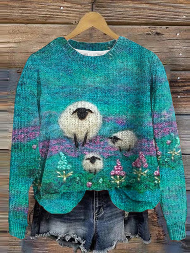Sheep Landscape Print Pullover Knitted Sweater