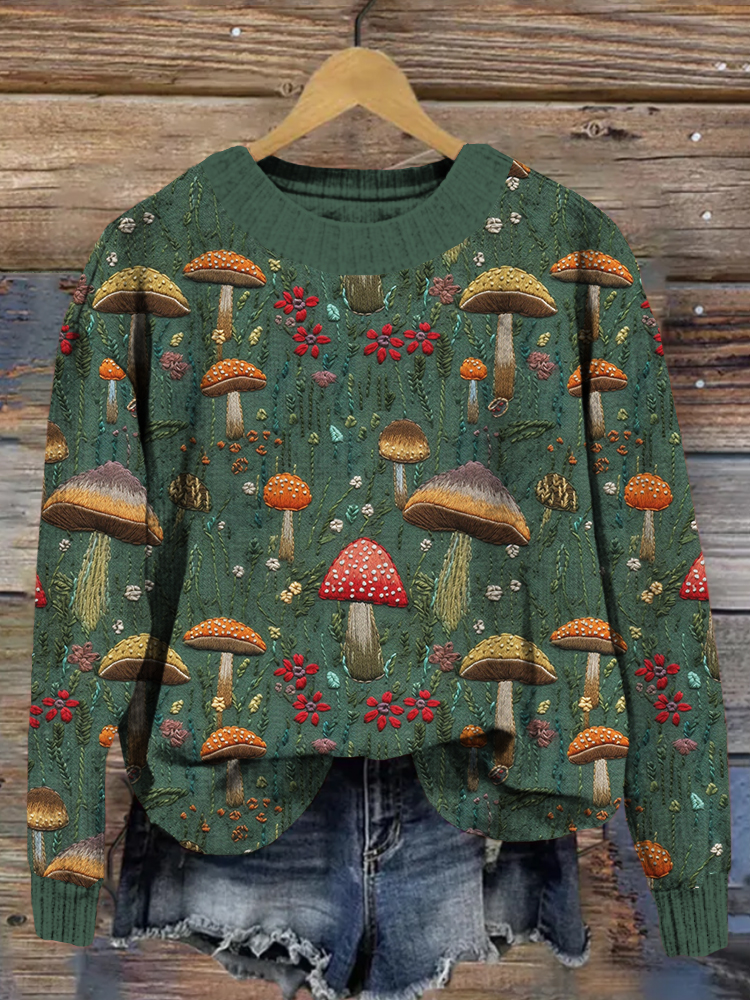 Cute Mushroom Embroidery Art Cozy Knit Sweater