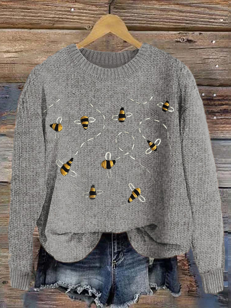 Vintage Bee Embroidery Printed Cozy Knit Sweater