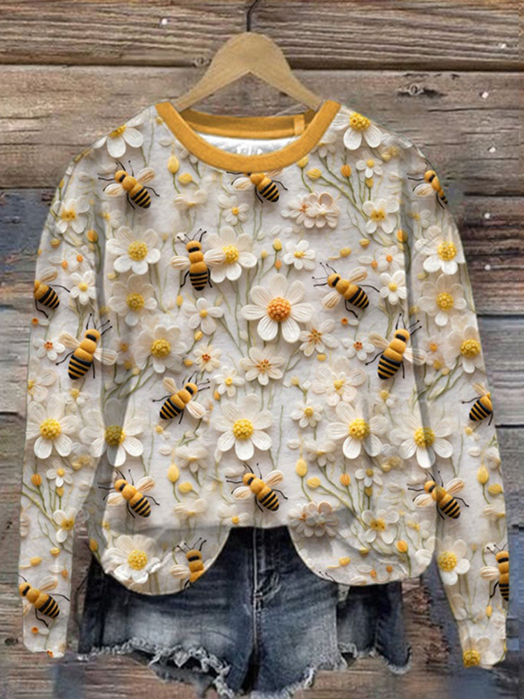 Daisy Bee Print Casual Crew Neck Sweatshirt