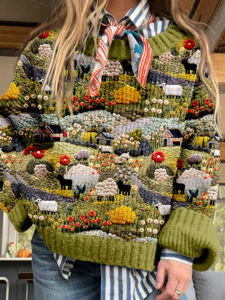 Vintage Farmyard Embroidery Art Cozy Pullover Sweater