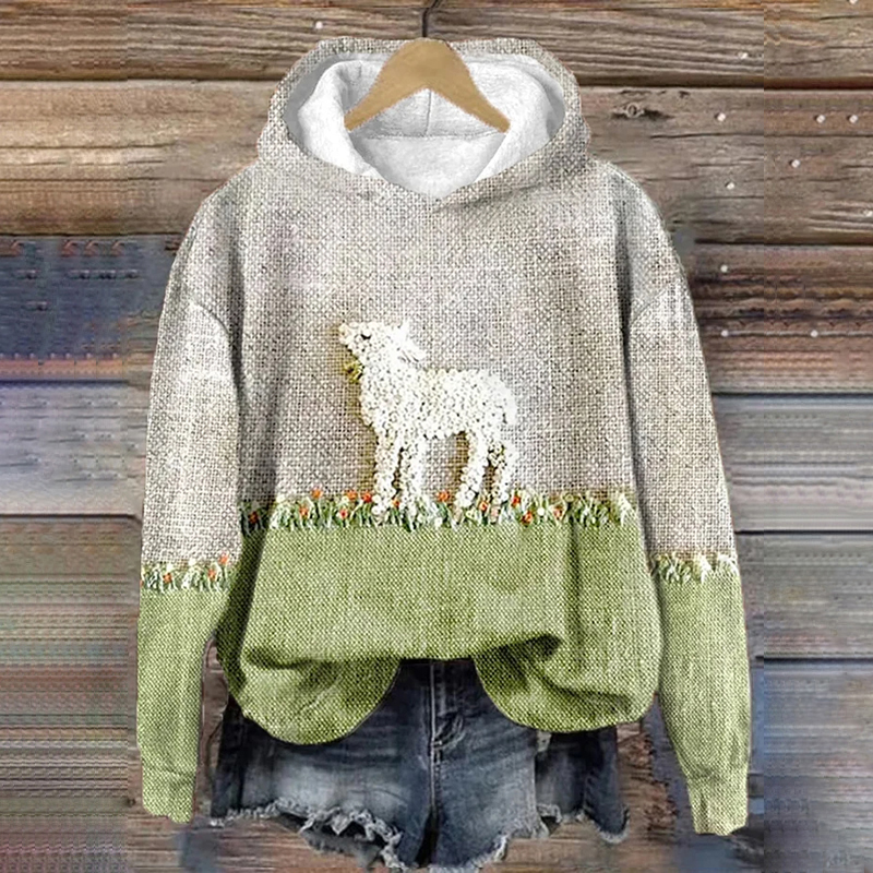 Women'S Sheep Printed Hooded Sweatshirt