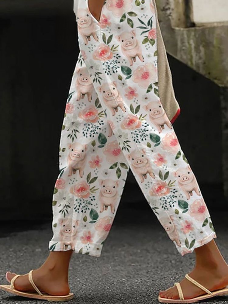 Cute Piggy And Floral Print Pocket Casual Pants