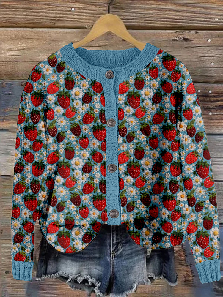 Felt Strawberries and Flowers Embroidery Art Cozy Knit Cardigan