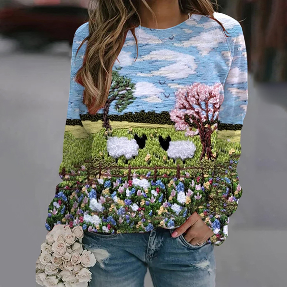 Women's Cute Sheep Print Crew Neck Sweatshirt