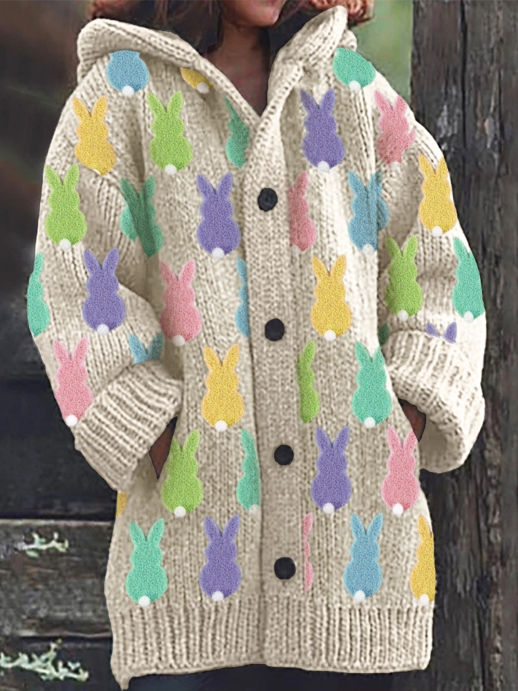 Easter Colorful Fuzzy Bunny Fleece Cozy Hooded Cardigan