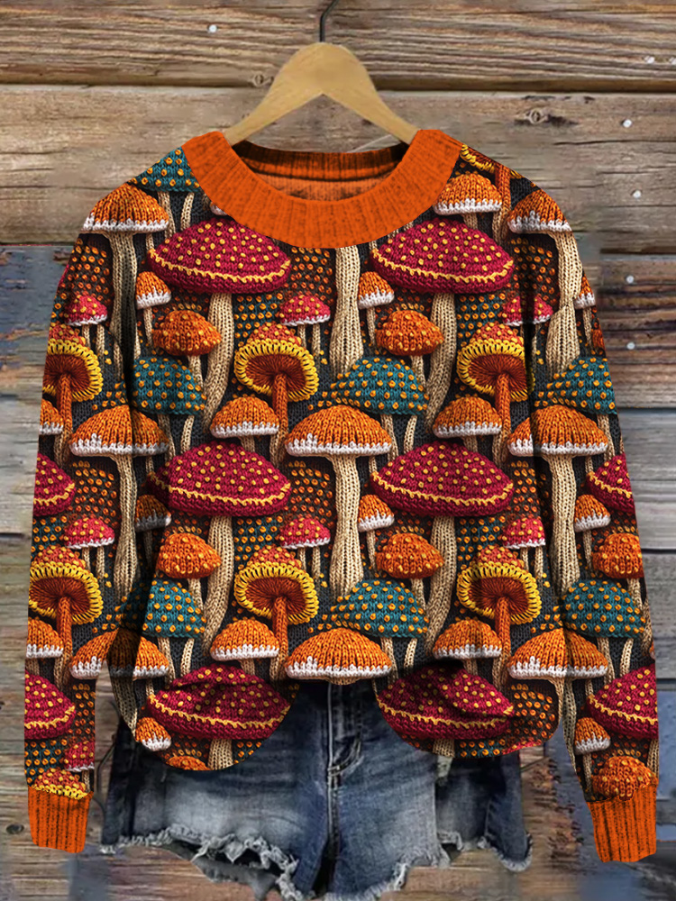 Cute Mushroom Forest Embroidery Art Cozy Knit Sweater