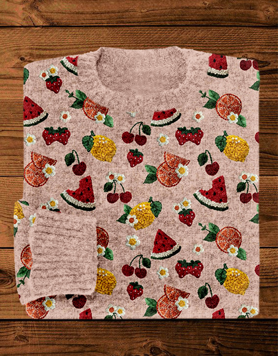 Fruits Embroidery Art Crew Neck Cozy Knit Sweater