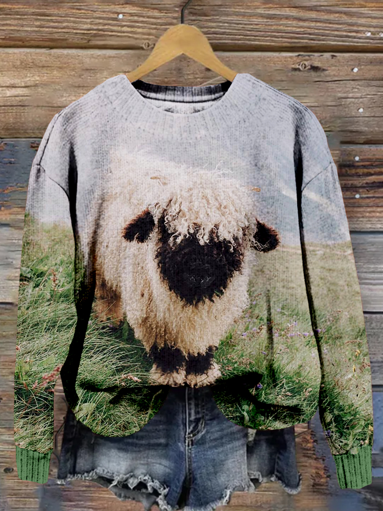 Fluffy Blacknose Sheep Pattern Cozy Knit Sweater