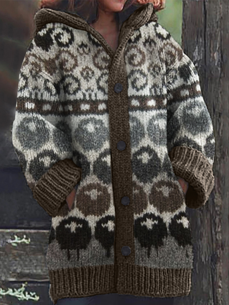 Vintage Sheep & Goat Pattern Cozy Hooded Cardigan