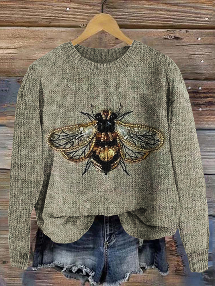 Bee Print Knitted Pullover Sweater