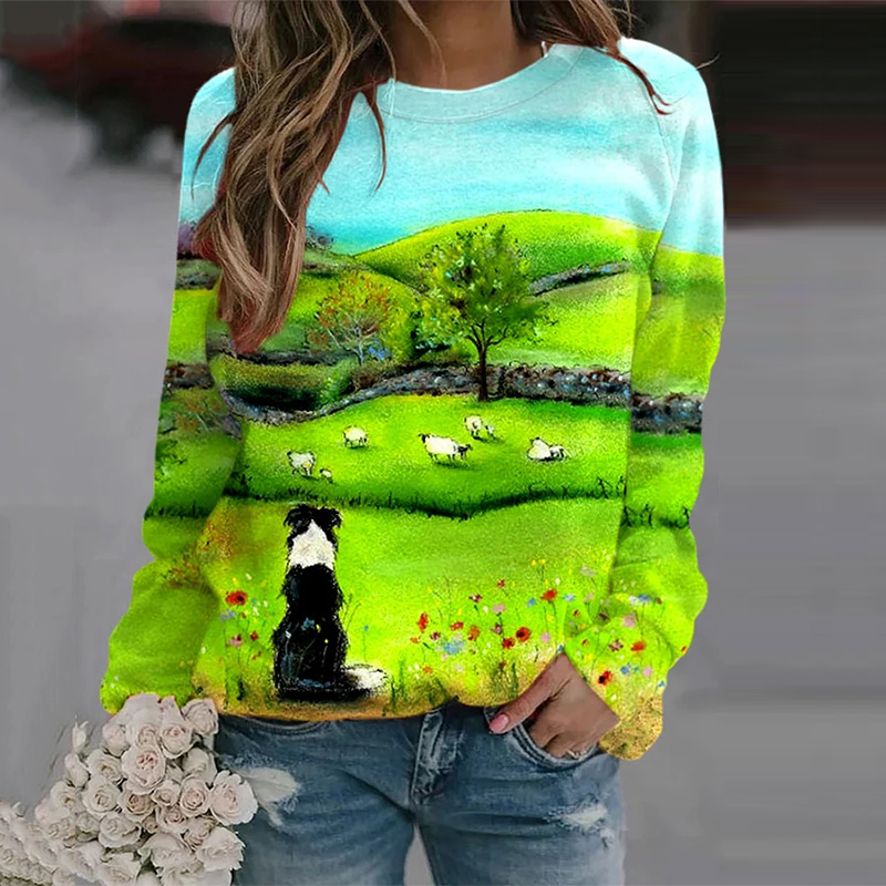 Women'S Collie And Sheep Print Casual Sweatshirt