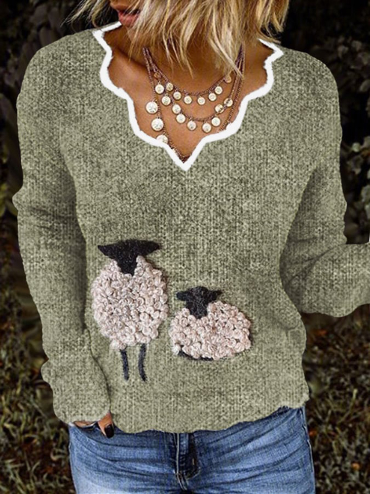 Women's Cute Plush Sheep French Cashmere Print V-Neck Cozy Knit Sweater