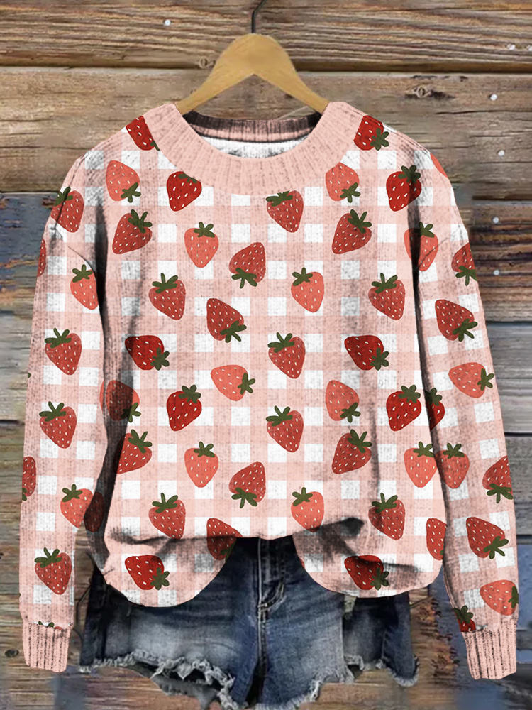 Strawberry Plaid Graphic Crew Neck Cozy Knit Sweater