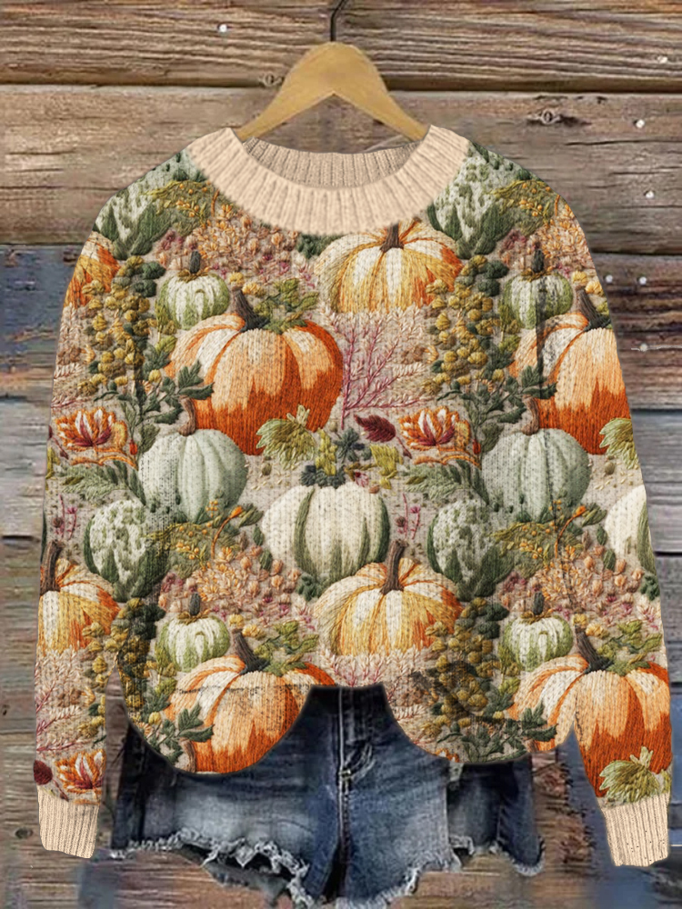 Pumpkin Embroidery Crew Neck Sweater