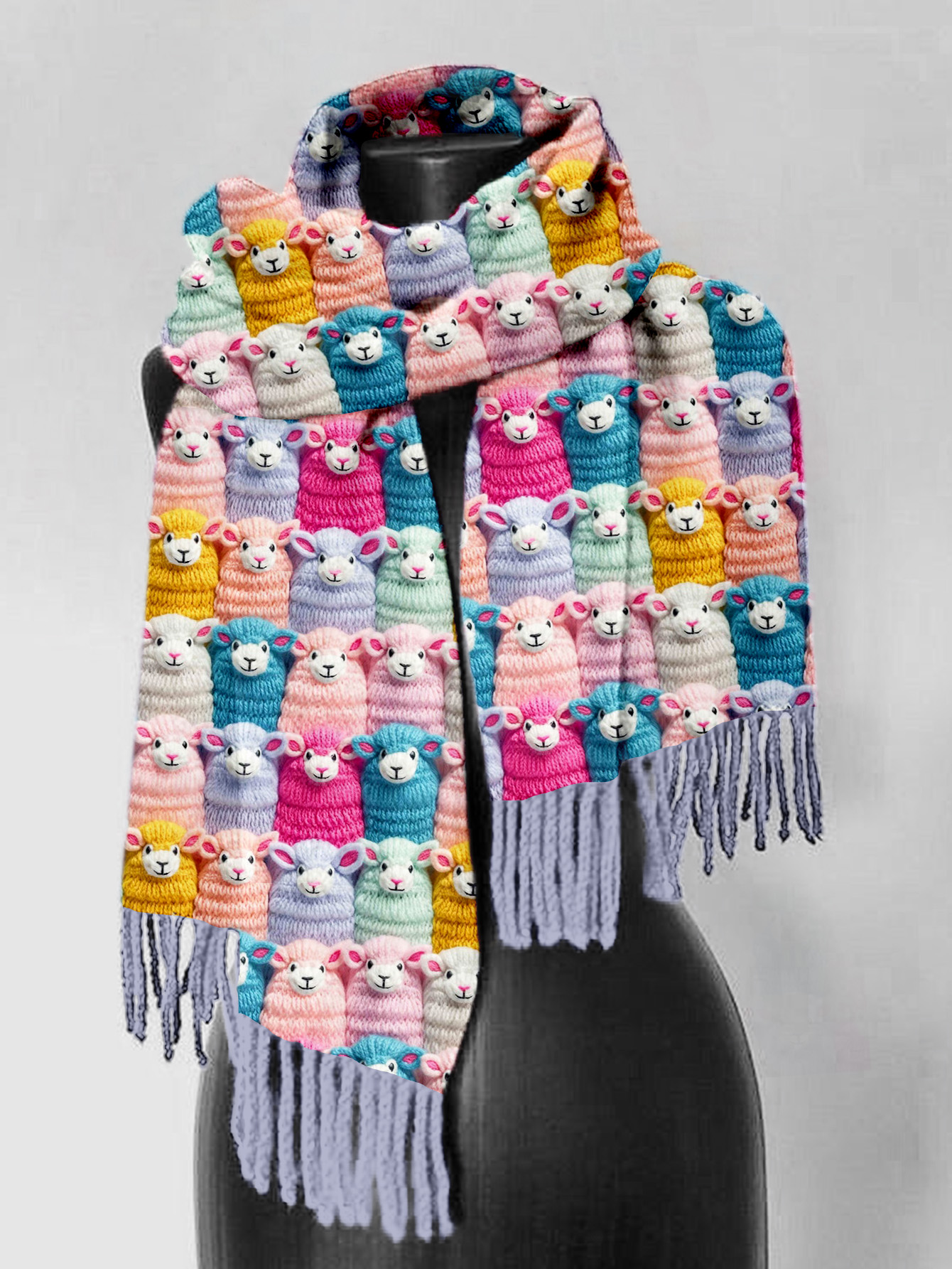 Cute Farm Pastel Sheep Embroidery Art Comfy Tassel Scarf