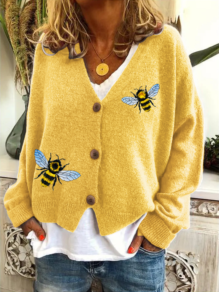 Fringed Bee Cute Honeybee Insect Embroidery V-neck Cardigan