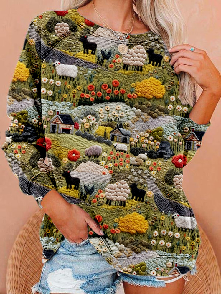 Vintage Farmyard Embroidery Pattern Comfy Sweatshirt