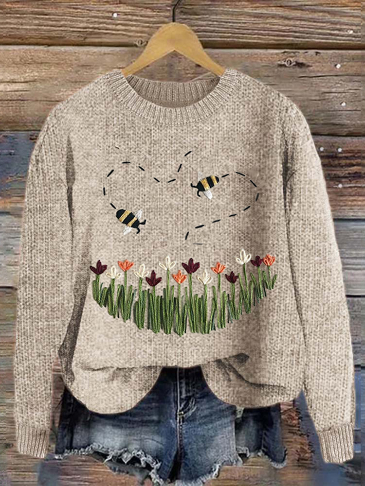 Vintage Bee And Floral Embroidery Printed Cozy Knit Sweater