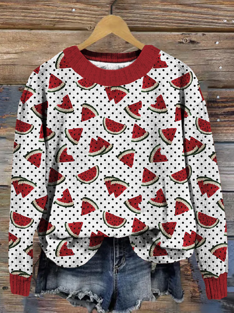 Watermelon Embroidery Art Crew Neck Cozy Knit Sweater