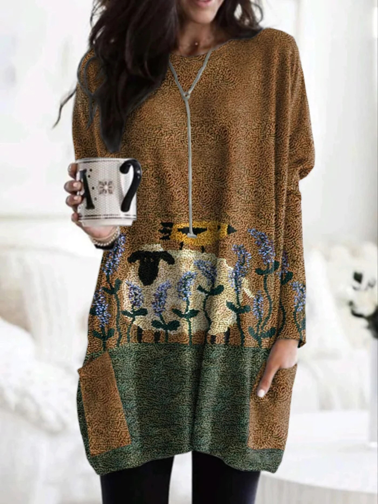 Women's Cute Plush Sheep Pattern Print Tunic