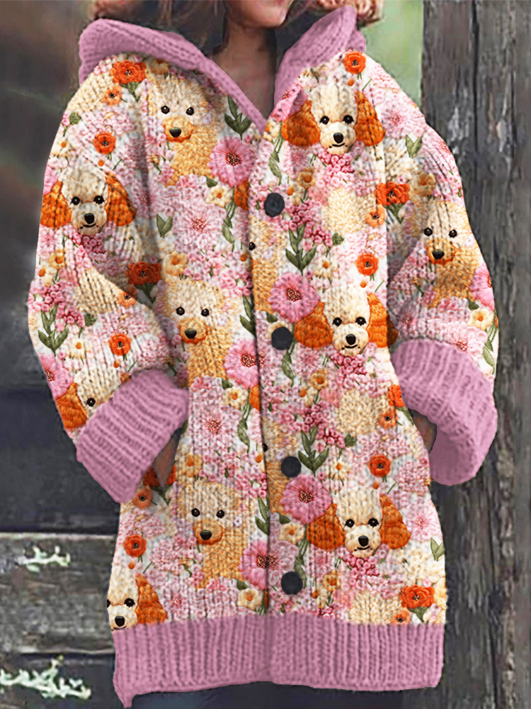 Flowers & Dogs Knit Pattern Cozy Hooded Cardigan