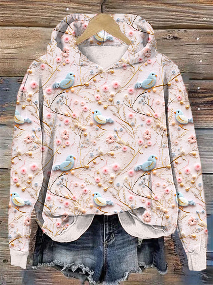 Birds & Flowers Embroidery Art Casual Cozy Hoodie