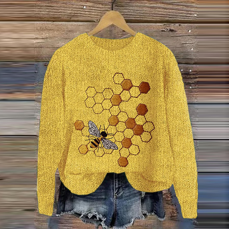 Bee Print Knitted Pullover Sweater