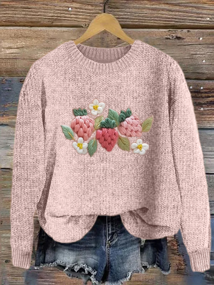 Strawberry Floral Embroidery Art Cozy Knit Sweater