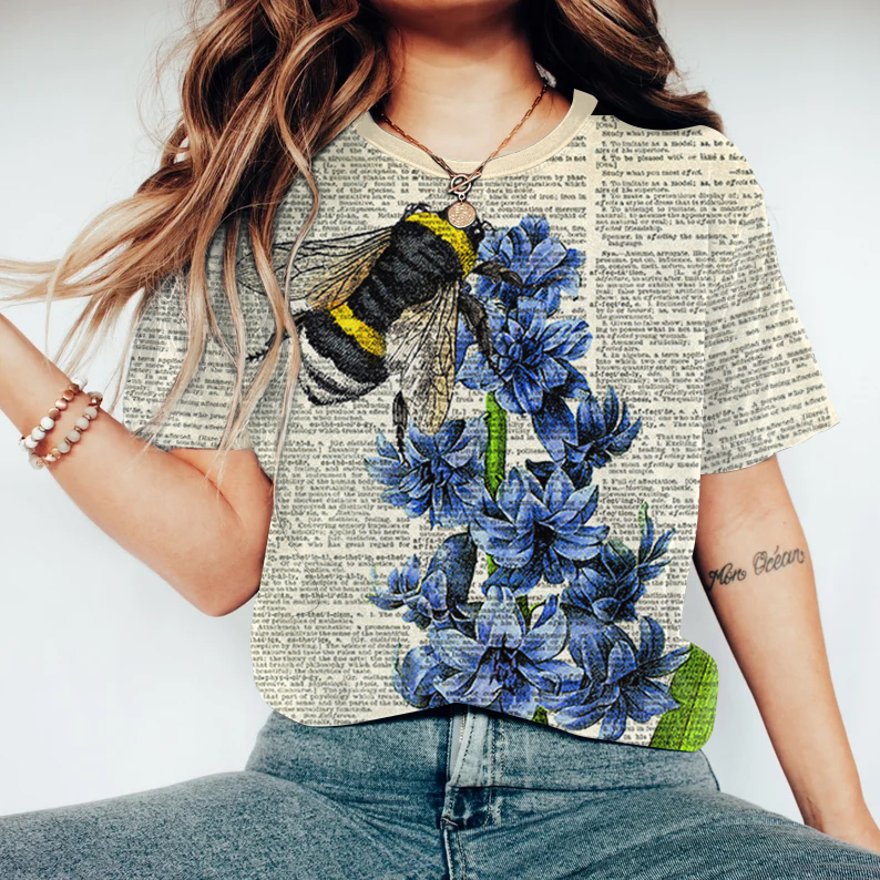 Vintage Bee Print Short Sleeve T-Shirt