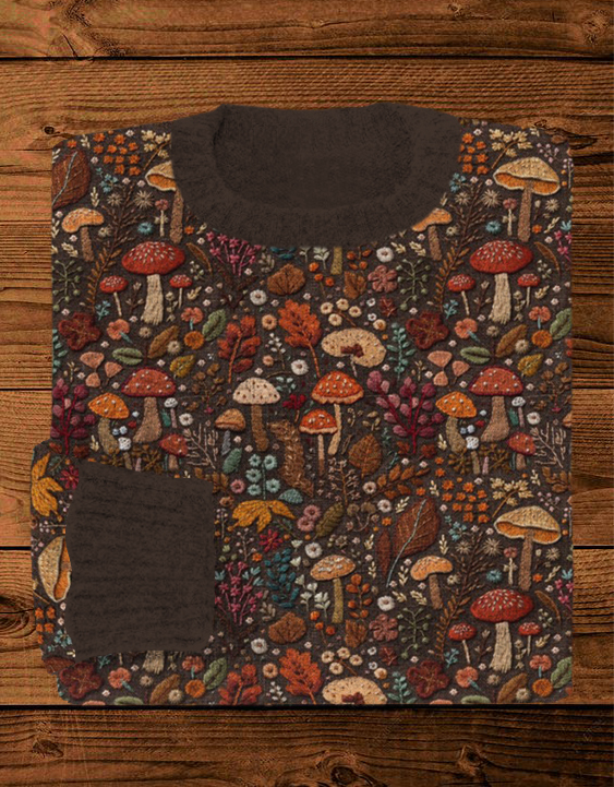 Floral and Mushroom Embroidery Art Cozy Knit Sweater