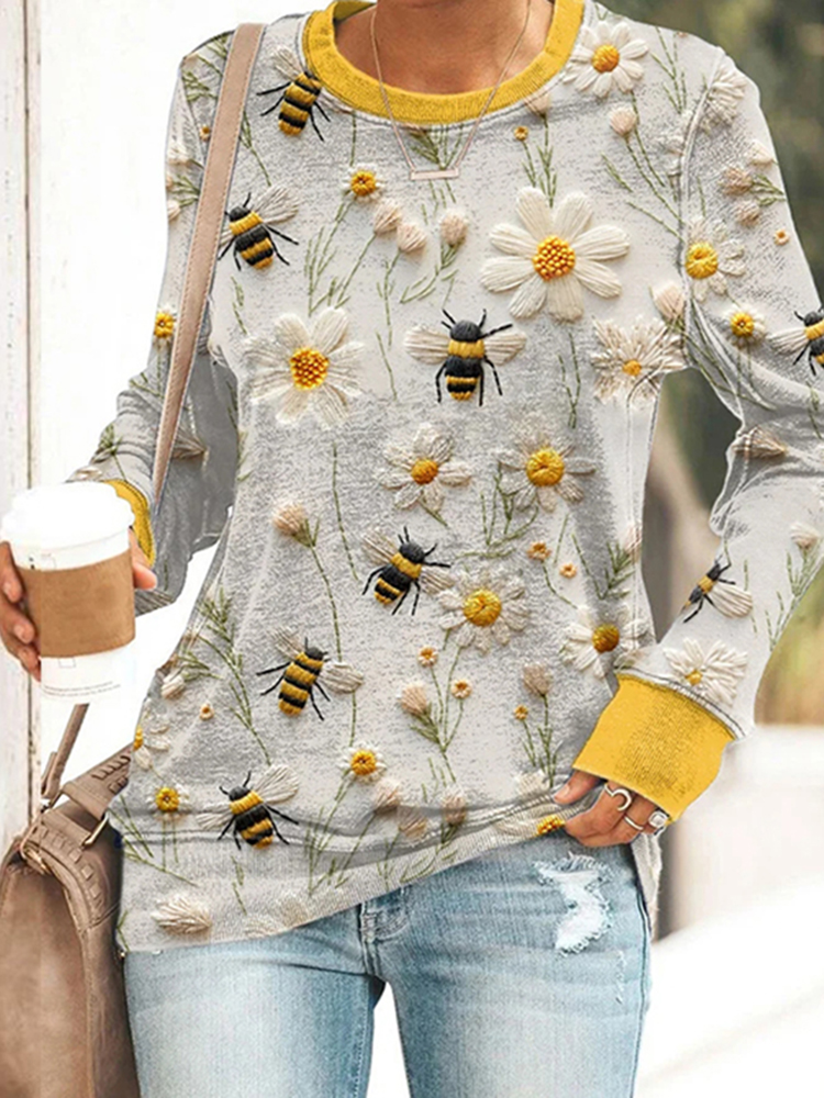 Women's Casual Bee Printed Long Sleeve Sweatshirt