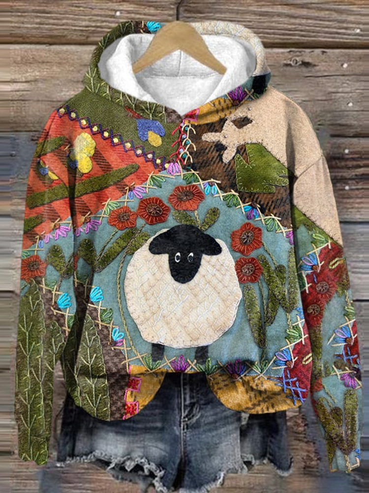 Vintage Sheep Print Long Sleeve Hoodie