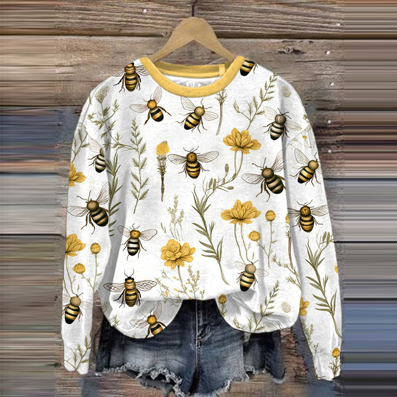 Bee Printed Round Neck Casual Long Sleeve Sweatshirt