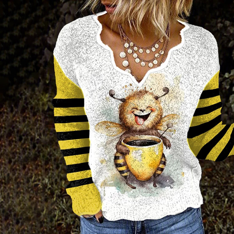 Women's Casual Bee Stripes Print V-Neck Knitted Sweater