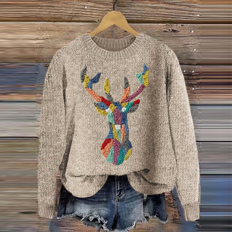 Women's Color Block Elk Round Neck Cozy Sweater