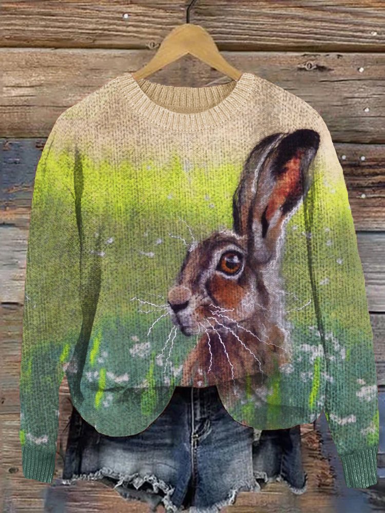 Lovely Bunny Felt Art Gradient Cozy Sweater