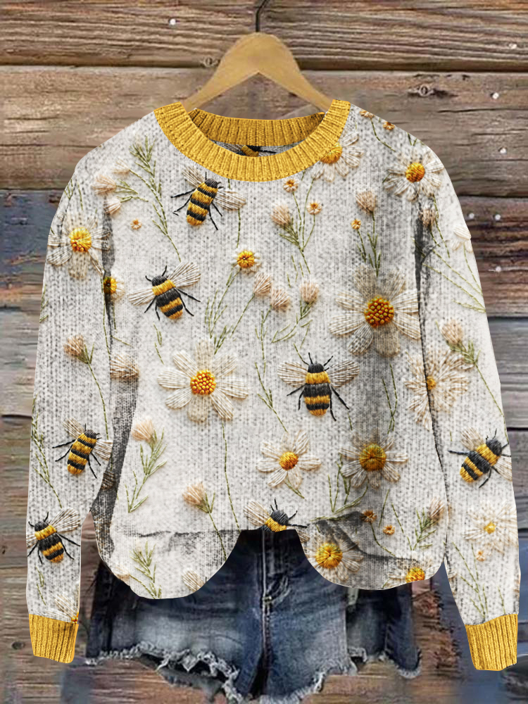 Daisy Bee Embroidery Art Print Knitted Pullover Sweater
