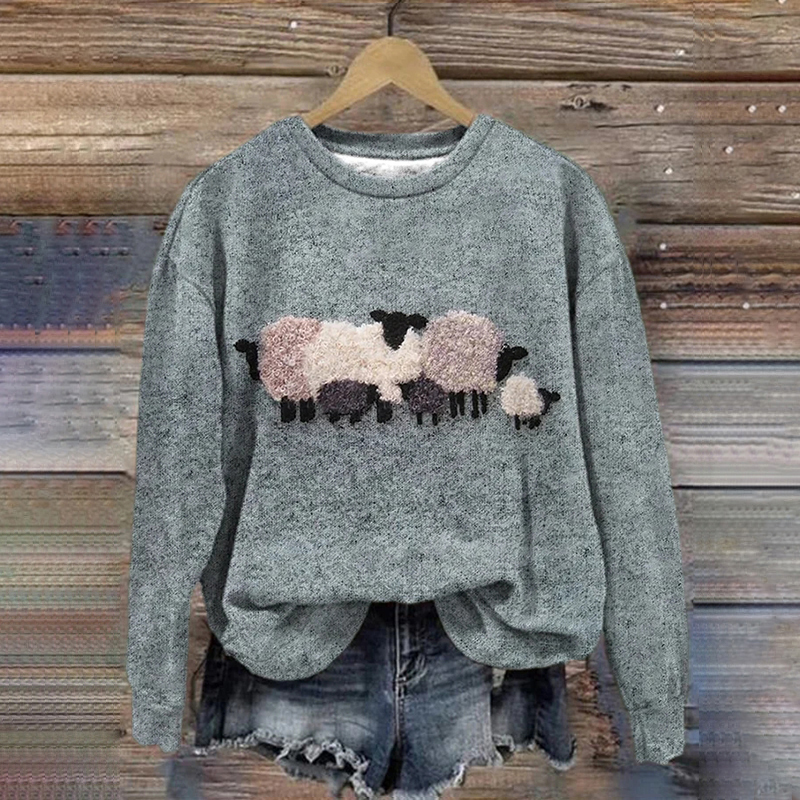 Women's Sheep Print Round Neck Sweatshirt