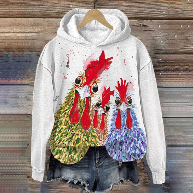 Women's Watercolor Rooster Print Casual Long Sleeve Hoodie