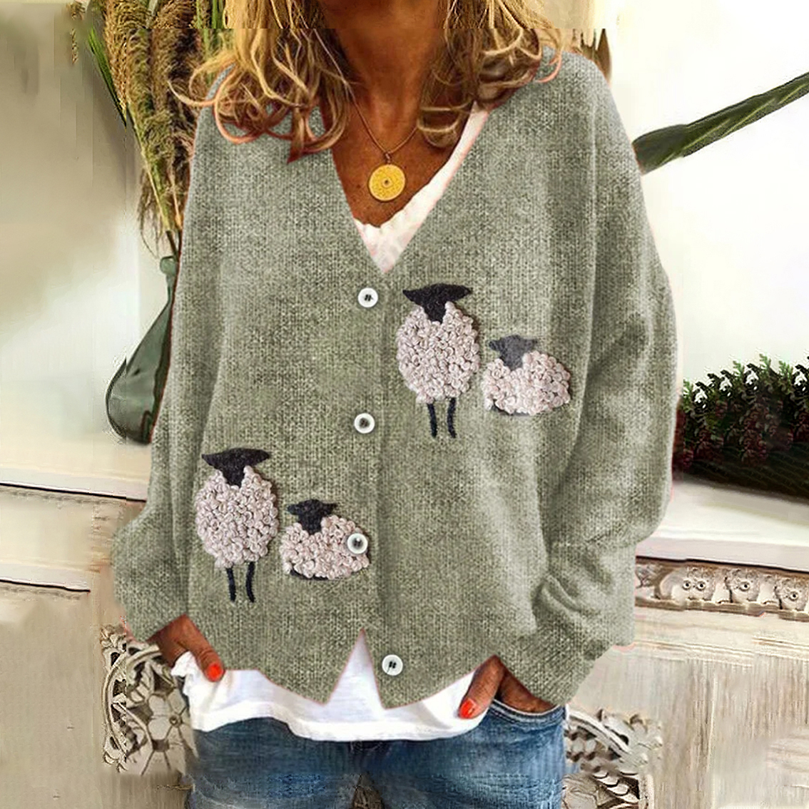 Cute Sheep Pattern Cozy Knit Cardigan